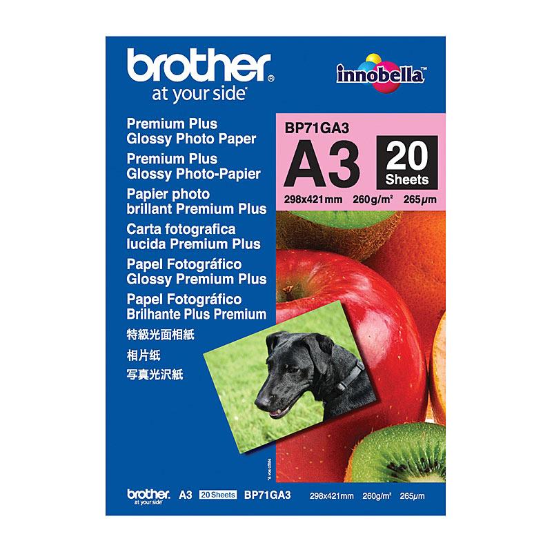 BROTHER BP71GA3 glossy paper pack containing 20 sheets, ideal for vibrant photo printing.