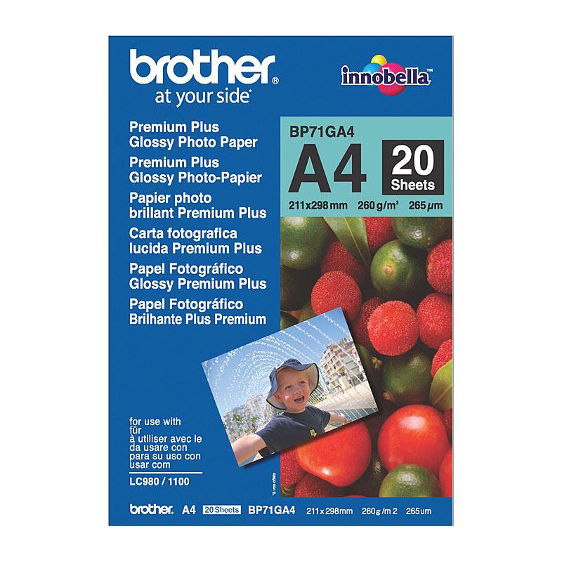 BROTHER BP71GA4 Glossy Paper pack containing 20 sheets, ideal for vibrant photo printing.