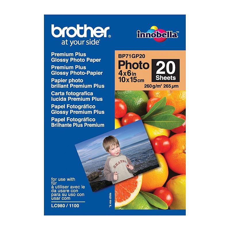 BROTHER BP71GP20 Glossy Paper pack containing 20 sheets, ideal for vibrant photo printing.