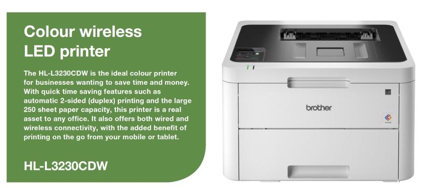 BROTHER HL-L3230CDW Colour LED Laser Printer showcasing its compact design and user-friendly interface.