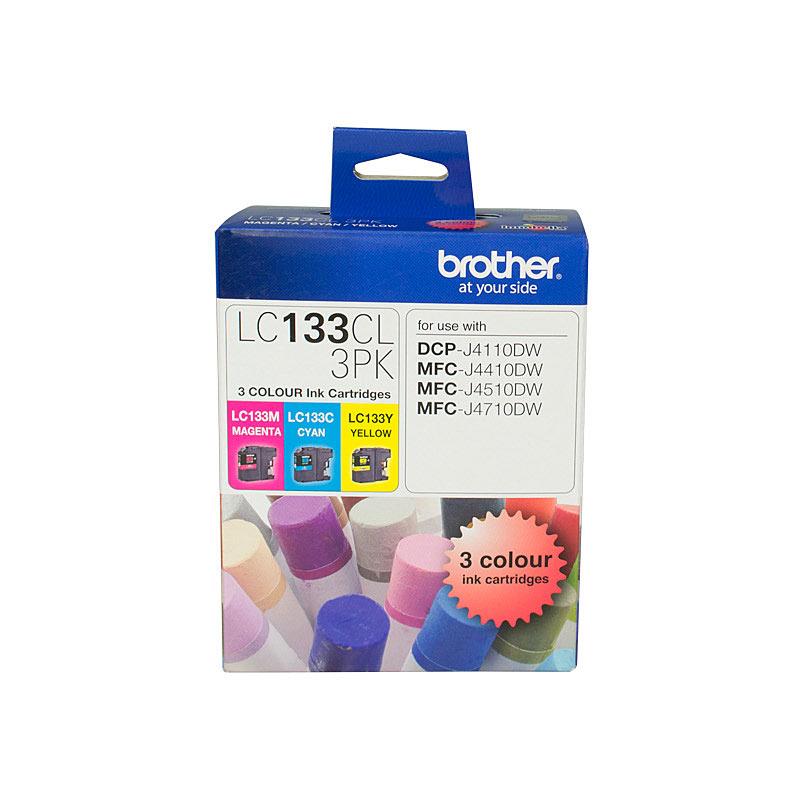 BROTHER LC133 CMY Colour Pack featuring cyan, magenta, and yellow toner cartridges, designed for vibrant printing.