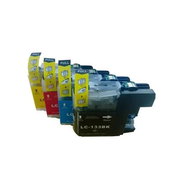 BROTHER LC133 Compatible Inkjet Cartridge Set featuring black, cyan, magenta, and yellow cartridges in a boxed set.