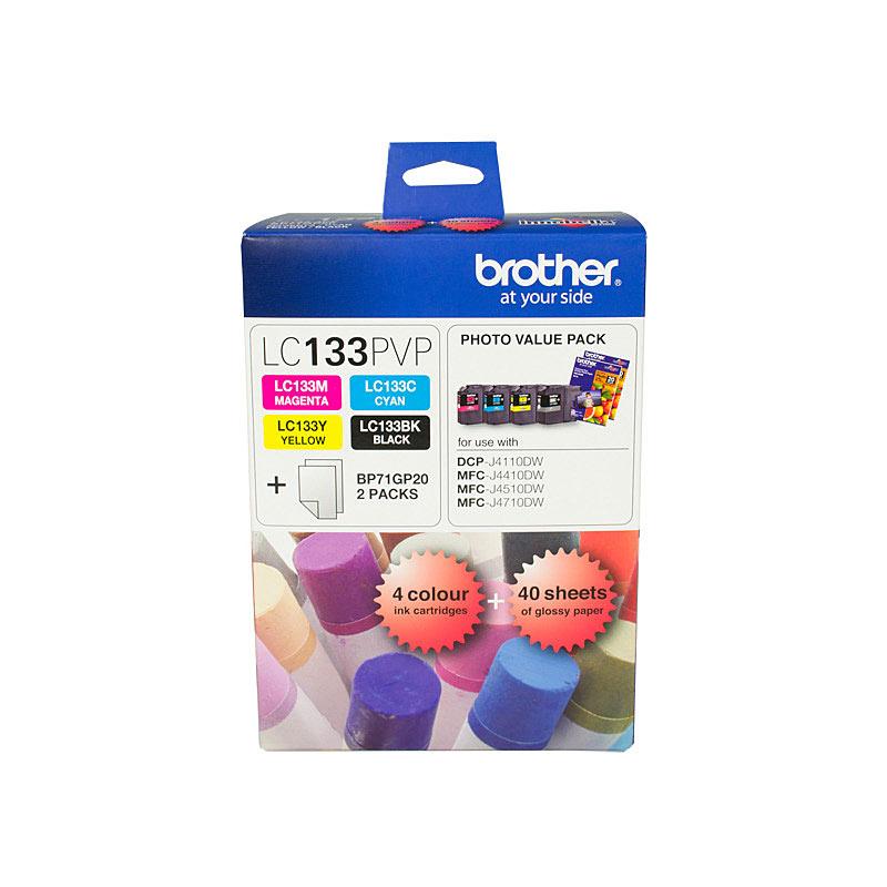 BROTHER LC133 Photo Value Pack featuring four toner cartridges in vibrant colors, designed for high-quality printing.