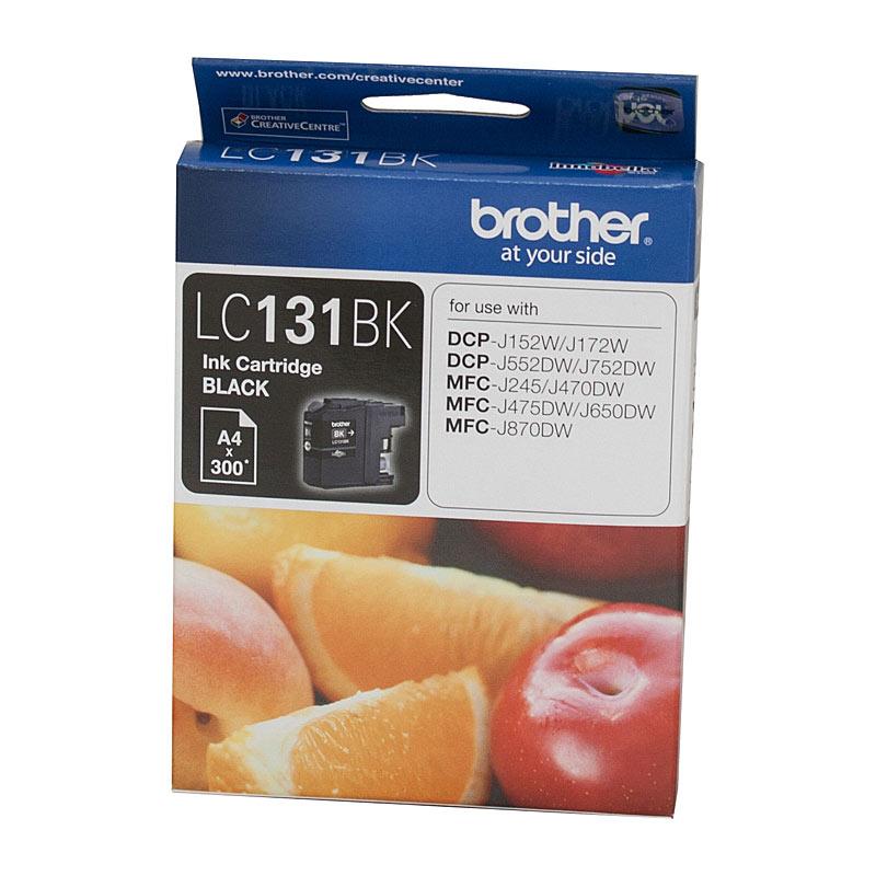 BROTHER LC131 Black Ink Cartridge with packaging, showcasing its design and features.