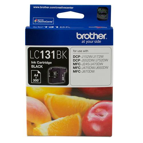 Brother LC-131BK Black Ink Cartridge with packaging, showcasing its design and features.