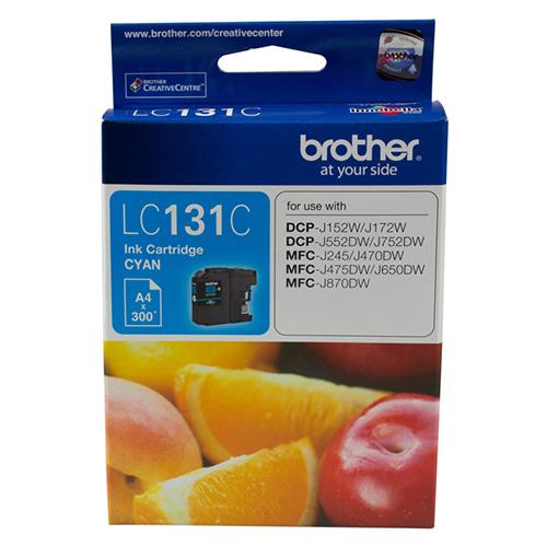 Brother LC-131C Cyan Ink Cartridge with vibrant blue color and packaging details.