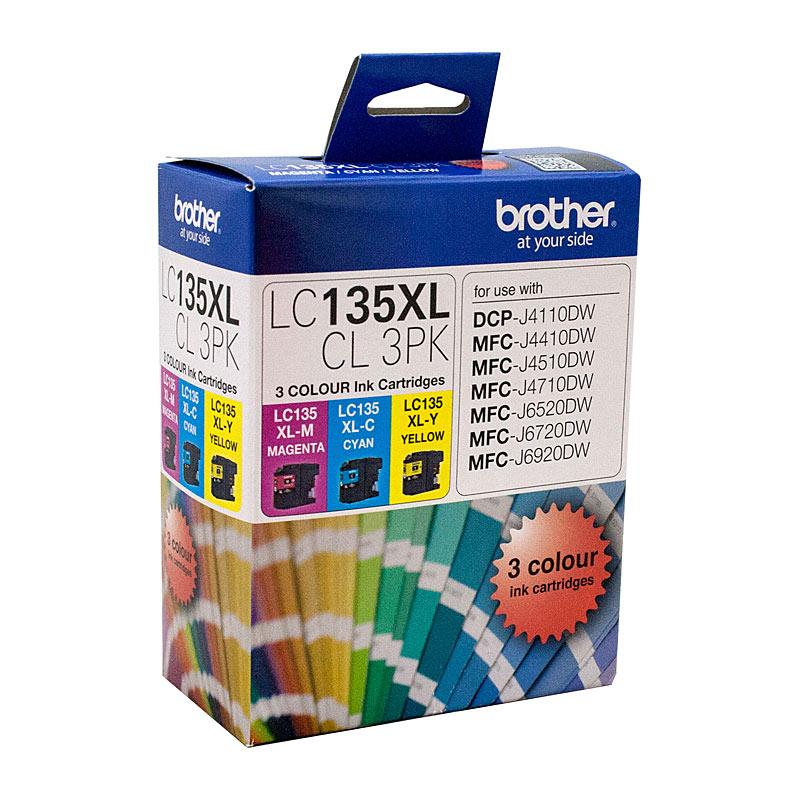 BROTHER LC135XL CMY Colour Pk toner cartridges in vibrant colors, designed for high-quality printing.