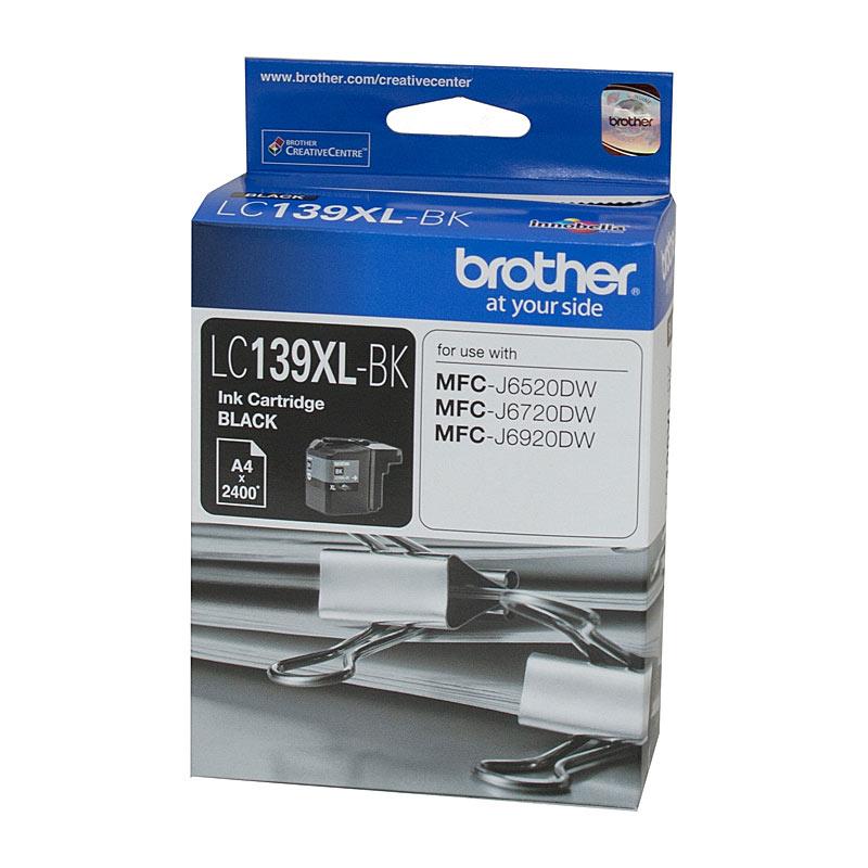 BROTHER LC139XL Black Ink Cartridge with packaging, showcasing its features and compatibility.