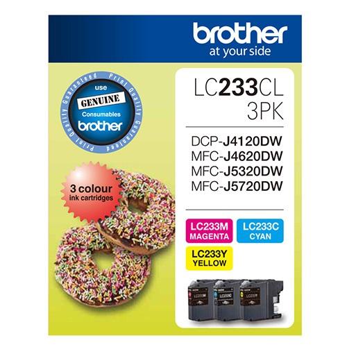 Brother LC-233 3x Colour Value Pack containing cyan, magenta, and yellow cartridges for vibrant printing.