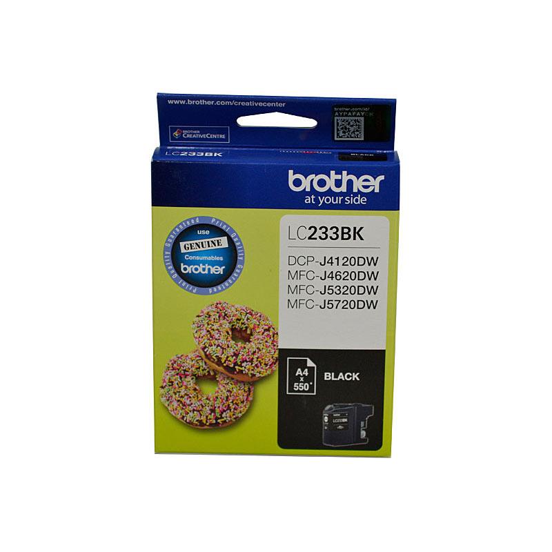 BROTHER LC233 Black Ink Cartridge with packaging, showcasing its design and features.