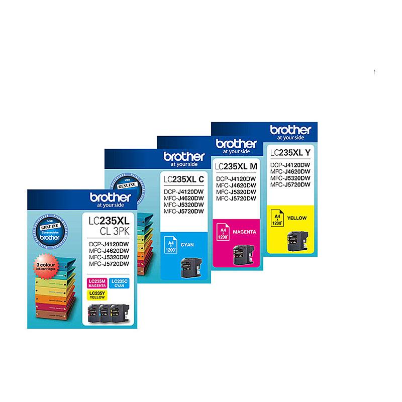 BROTHER LC235XL CMY Colour Pack featuring cyan, magenta, and yellow toner cartridges for high-quality printing.