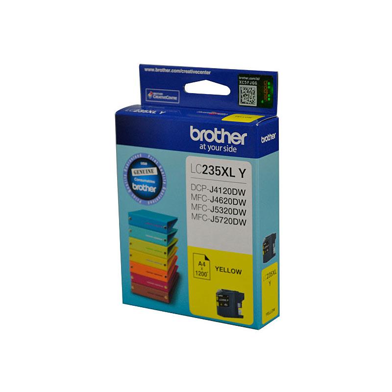 BROTHER LC235XL Yellow Ink Cartridge with vibrant yellow color and packaging details.