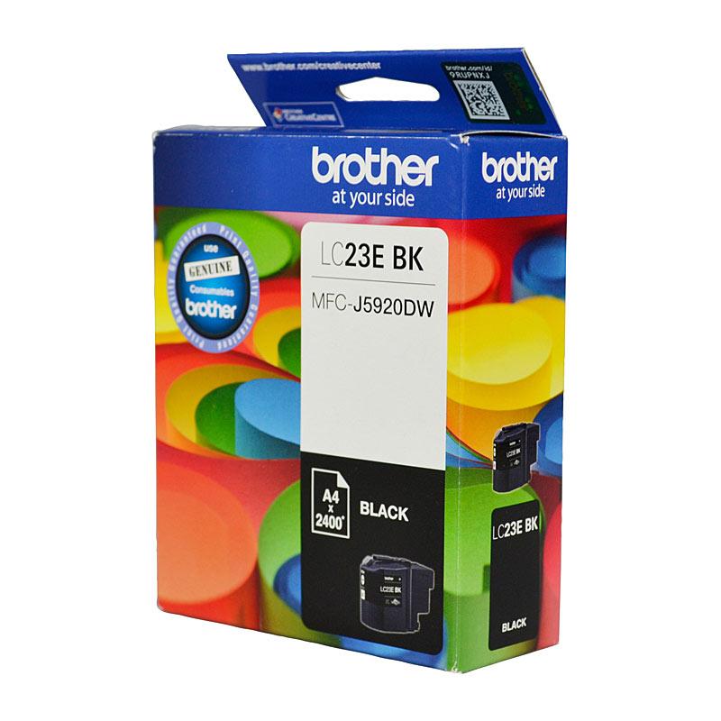 BROTHER LC23E Black Ink Cartridge with packaging, showcasing its features and compatibility.