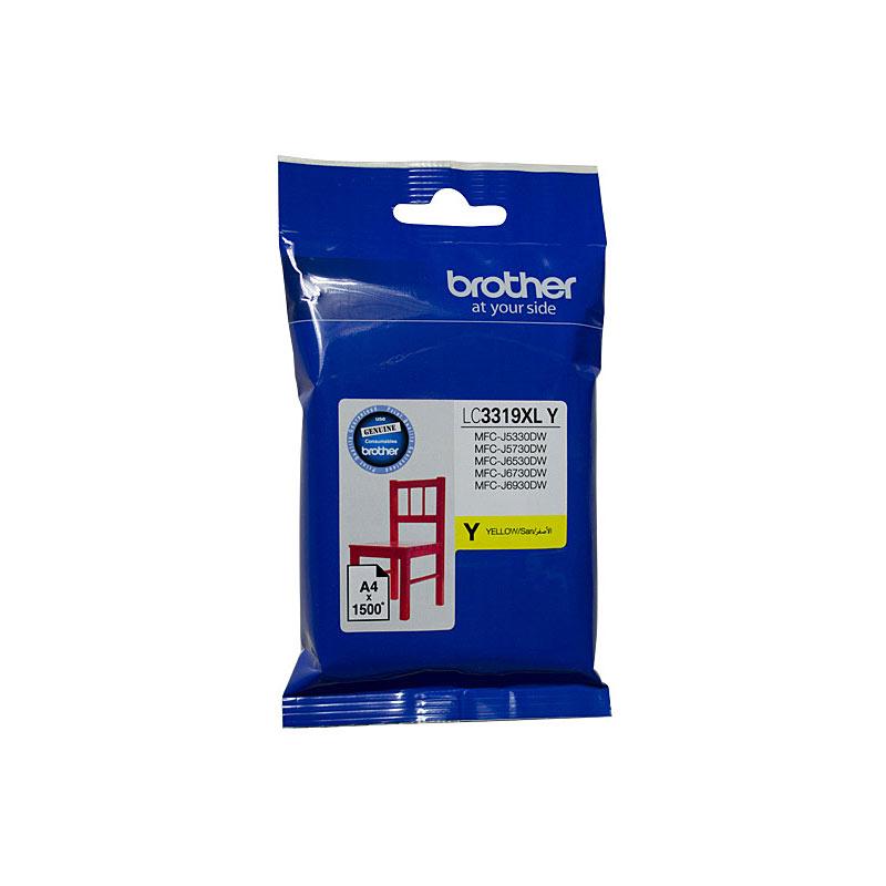 BROTHER LC3319XL Yellow Ink Cartridge with packaging, showcasing vibrant yellow color and branding.