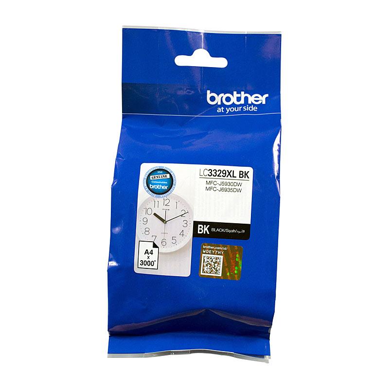 BROTHER LC3329XL Black Ink Cartridge with packaging, showcasing its premium quality and high yield capabilities.