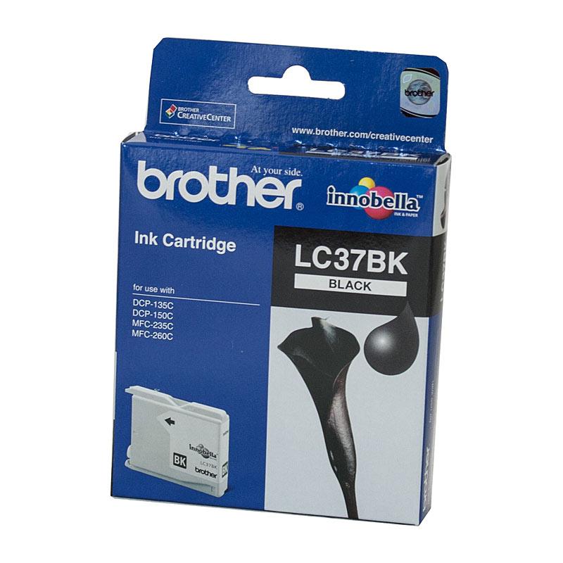 BROTHER LC37 Black Ink Cartridge with packaging, showcasing its design and branding.