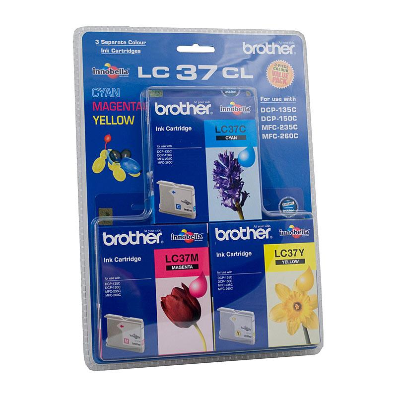 BROTHER LC37 CMY Colour Pack featuring three toner cartridges in vibrant colors, designed for Brother printers.