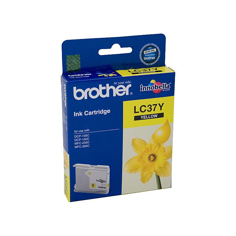 BROTHER LC37 Yellow Ink Cartridge with packaging, showcasing vibrant yellow color and branding.