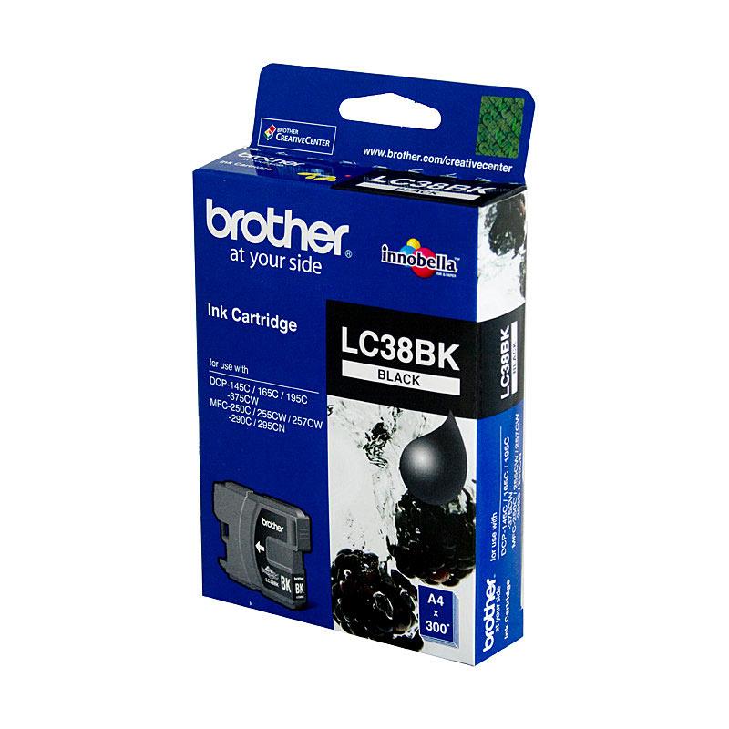 BROTHER LC38 Black Ink Cartridge with packaging, showcasing its design and branding.