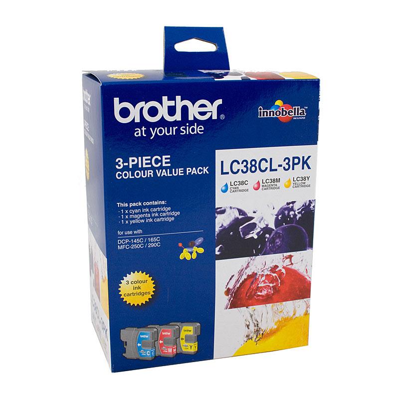 BROTHER LC38 CMY Colour Pack featuring three toner cartridges in vibrant colors, designed for high-quality printing.