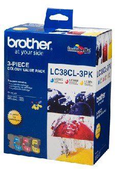 Brother LC-38 Colour Value Pack containing Cyan, Magenta, and Yellow ink cartridges, designed for vibrant printing.