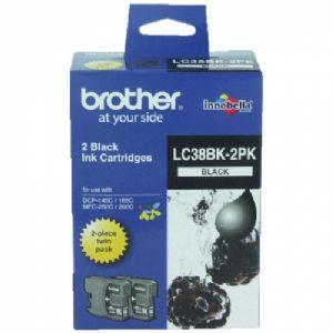 Brother LC-38BK Black Ink Cartridge Twin Pack featuring two cartridges designed for high-quality printing.