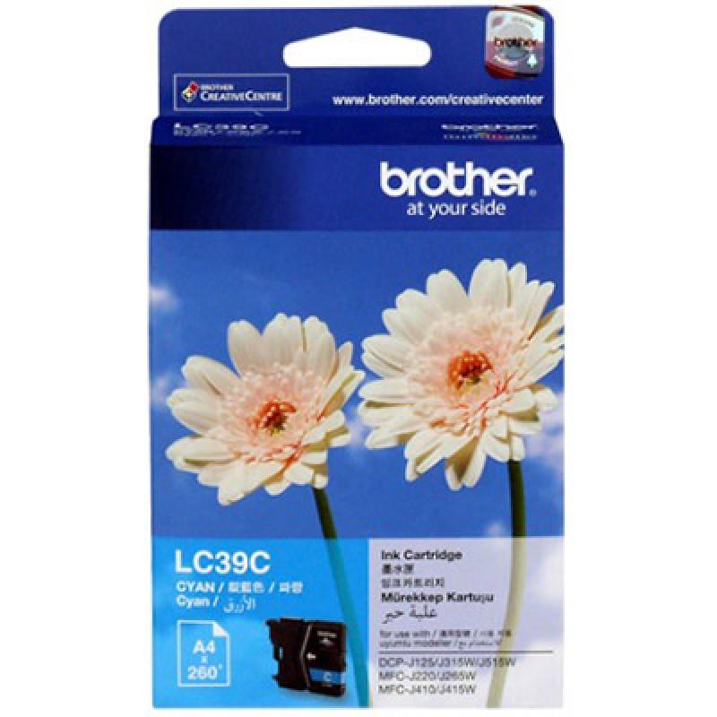 Brother LC-39C Cyan Ink Cartridge displayed on a white background, showcasing its design and branding.