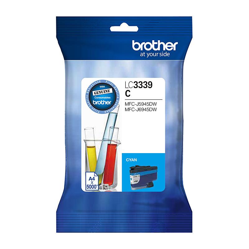 Brother LC3339XL Cyan Ink cartridge, high yield, vibrant color, compatible with Brother printers.