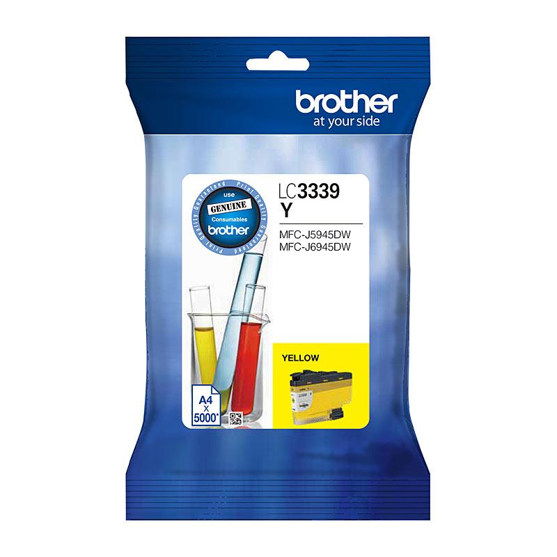 BROTHER LC3339XL Yellow Ink cartridge with packaging, showcasing vibrant yellow color and branding.