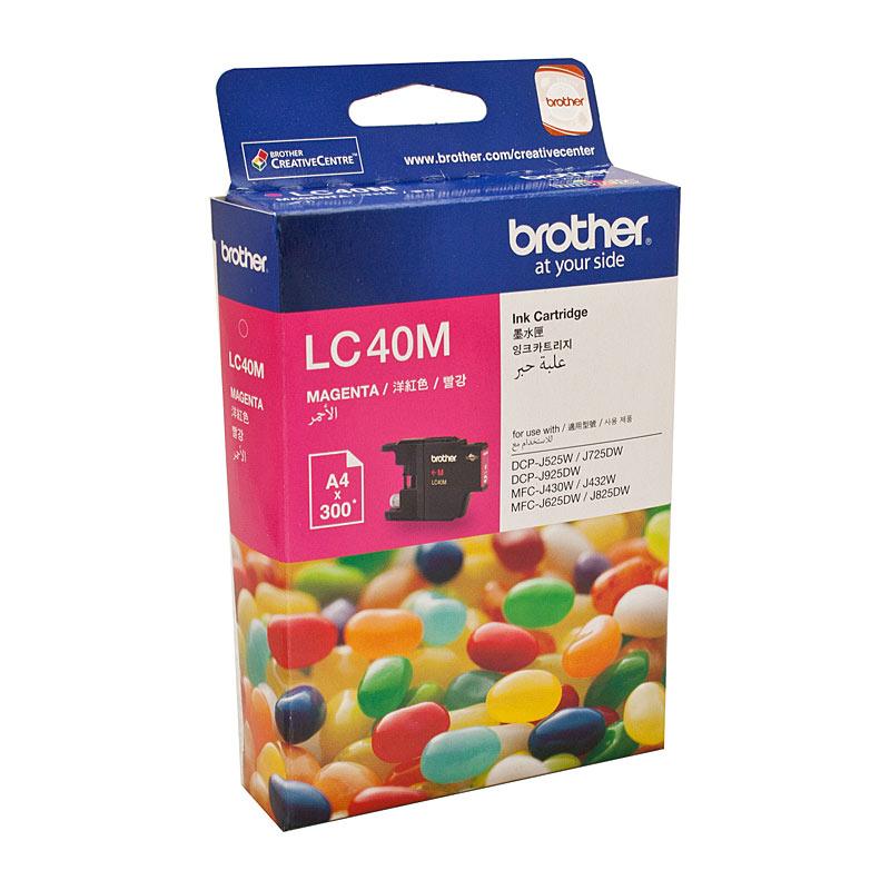 BROTHER LC40 Magenta Ink Cartridge with packaging, showcasing vibrant color and branding.