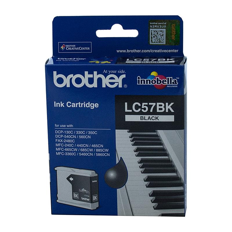 BROTHER LC57 Black Ink Cartridge with packaging, showcasing its design and branding.