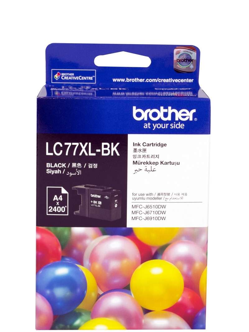 Brother LC-77XLBK Black Super High Yield Ink Cartridge with packaging, designed for high-quality printing.