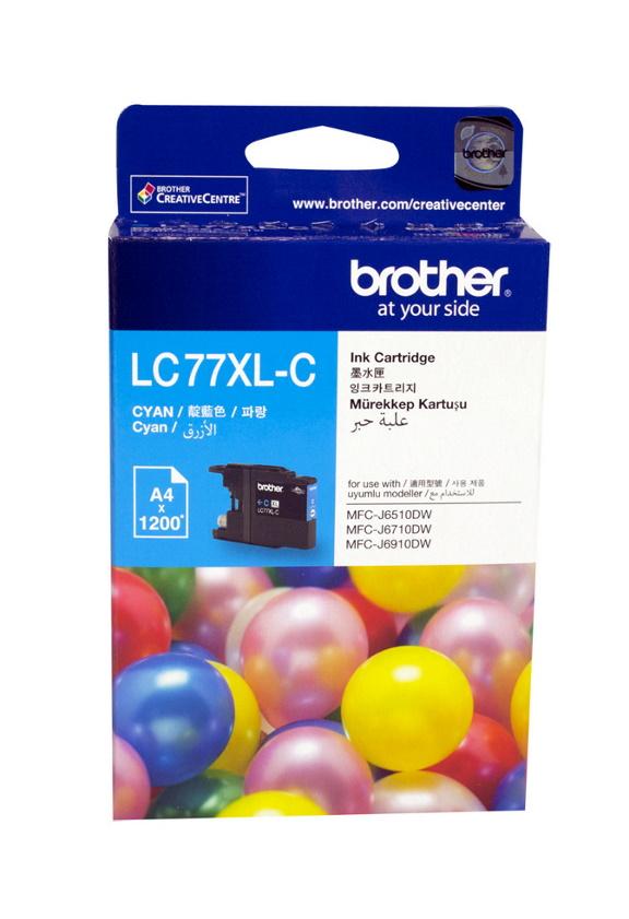 Brother LC-77XL Cyan Super High Yield Ink Cartridge with packaging, showcasing its vibrant cyan color and high yield features.