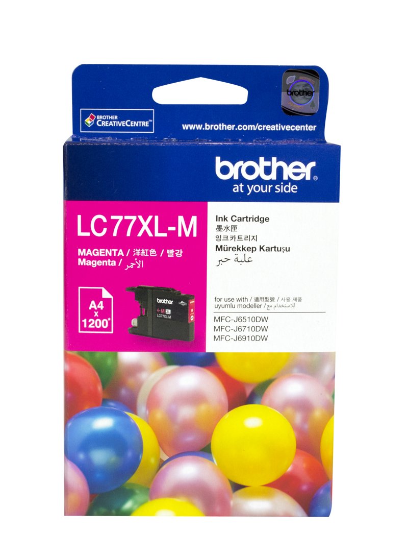 Brother LC-77XLM Magenta Super High Yield Ink Cartridge with packaging, showcasing vibrant color and high yield.