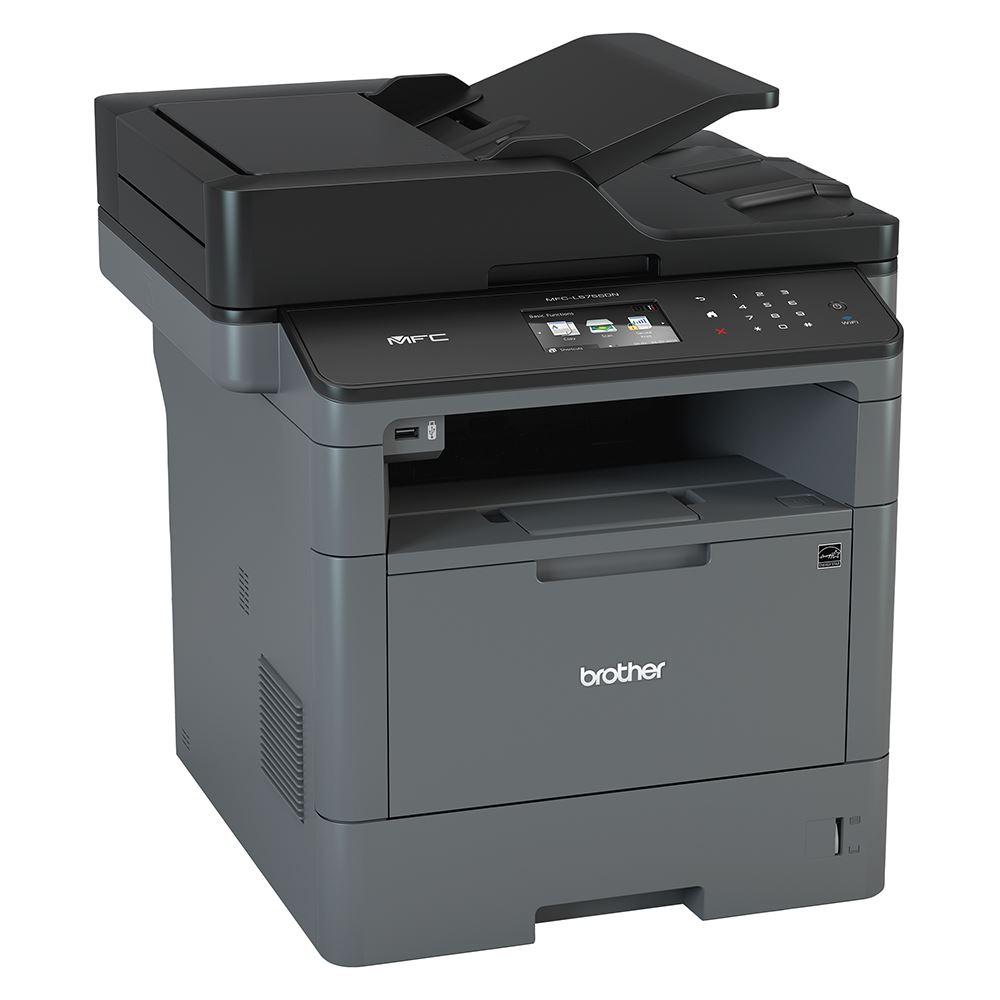 Brother MFC-L5755DW wireless high-speed mono laser multifunction printer with touchscreen and paper tray.