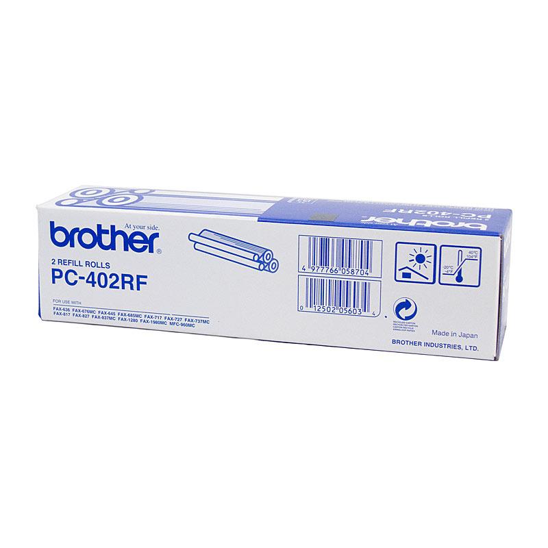 BROTHER PC402RF Refill Rolls, genuine fax film toner cartridges yielding 144 pages each, compatible with various Brother fax machines.