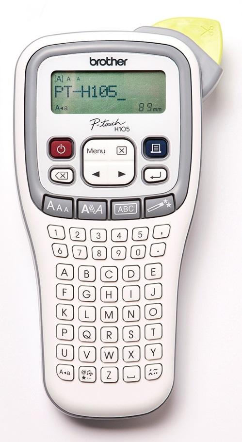 BROTHER PTH105 Accent Labeller in white and grey, showcasing its compact handheld design and keyboard.