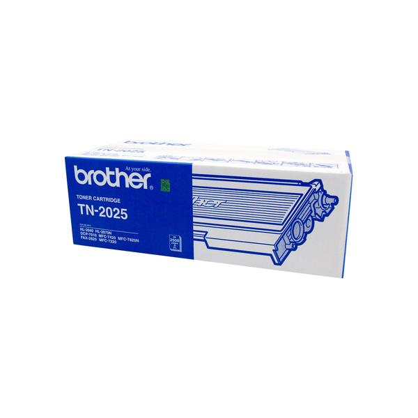 BROTHER TN2025 Toner Cartridge in black packaging, designed for Brother printers, yielding 2,500 pages.