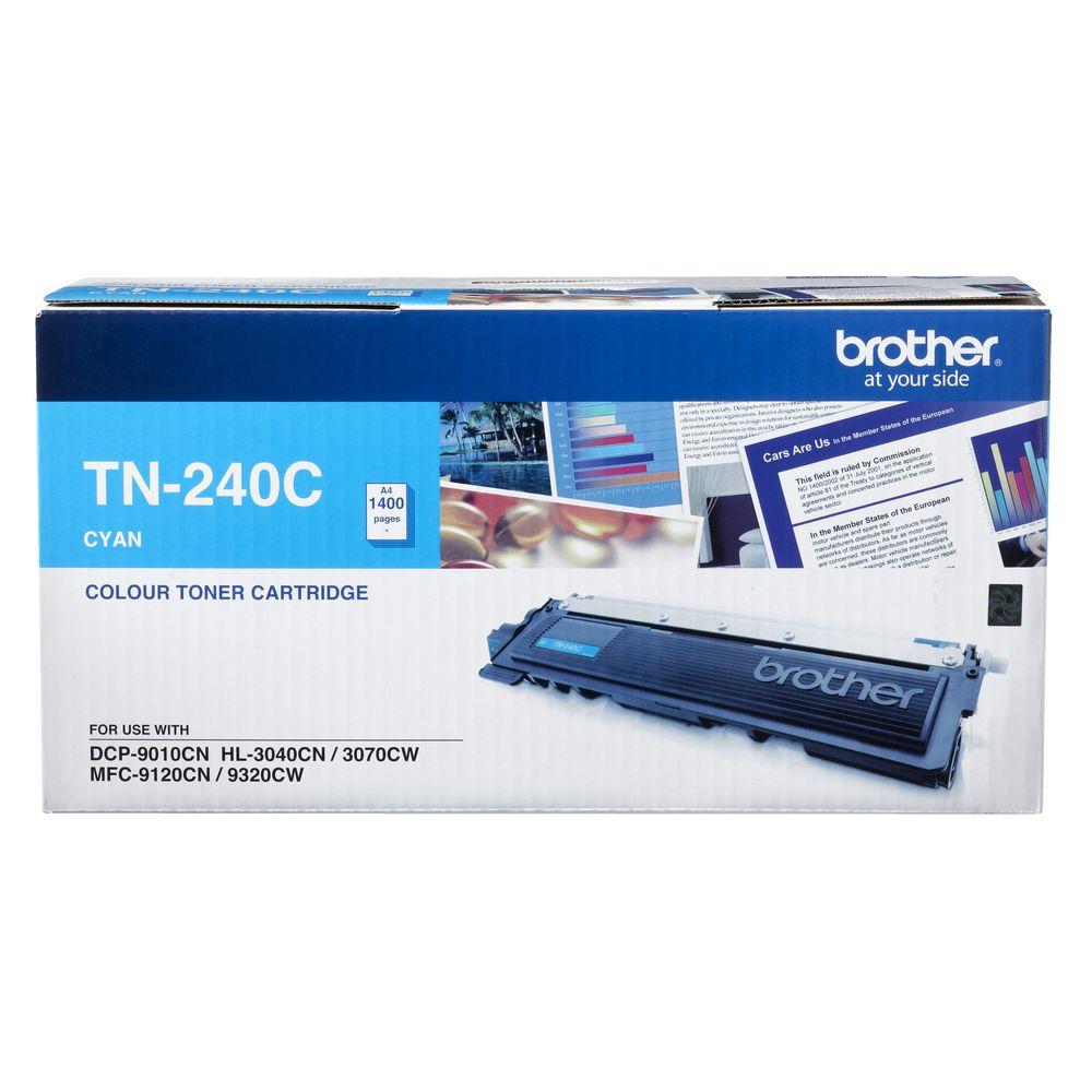 Brother TN-240C Cyan Toner Cartridge, designed for high-quality printing with a yield of 1,400 pages, compatible with various Brother printers.