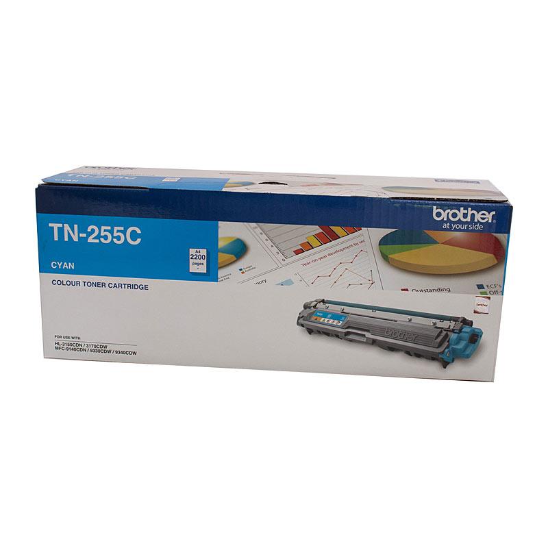 BROTHER TN255 Cyan Toner Cartridge with packaging, showcasing vibrant cyan color and branding.