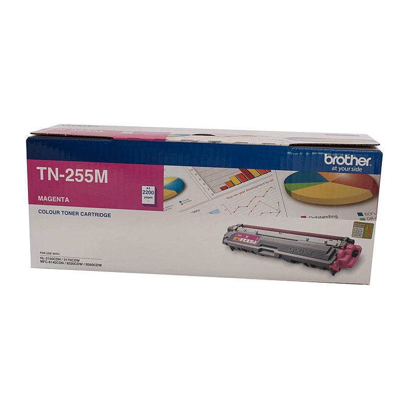 BROTHER TN255 Magenta Toner Cartridge with packaging, showcasing vibrant color and branding.