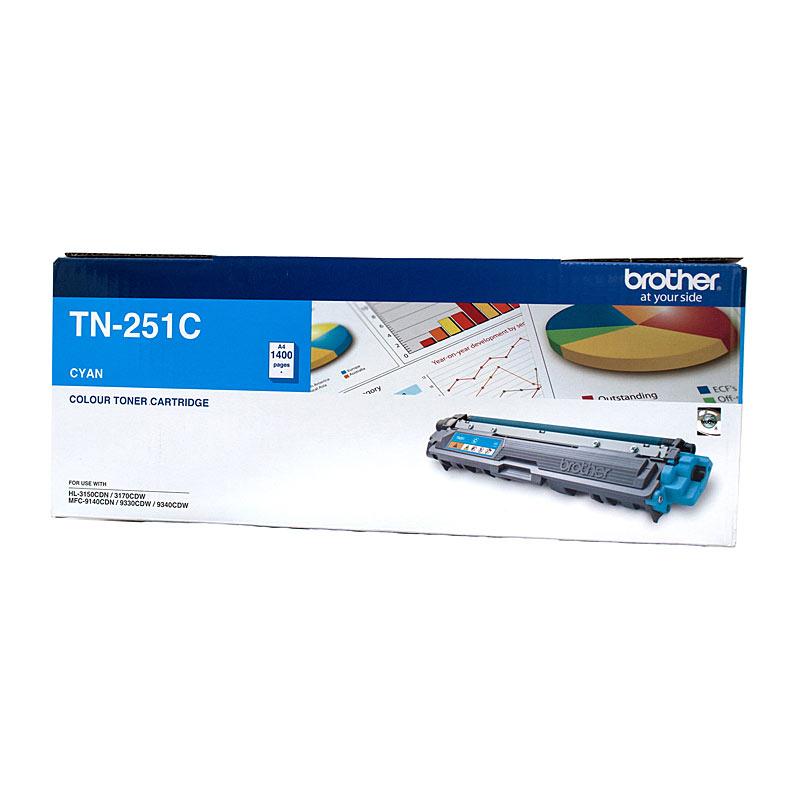 BROTHER TN251 Cyan Toner Cartridge with packaging, showcasing vibrant cyan color and branding.