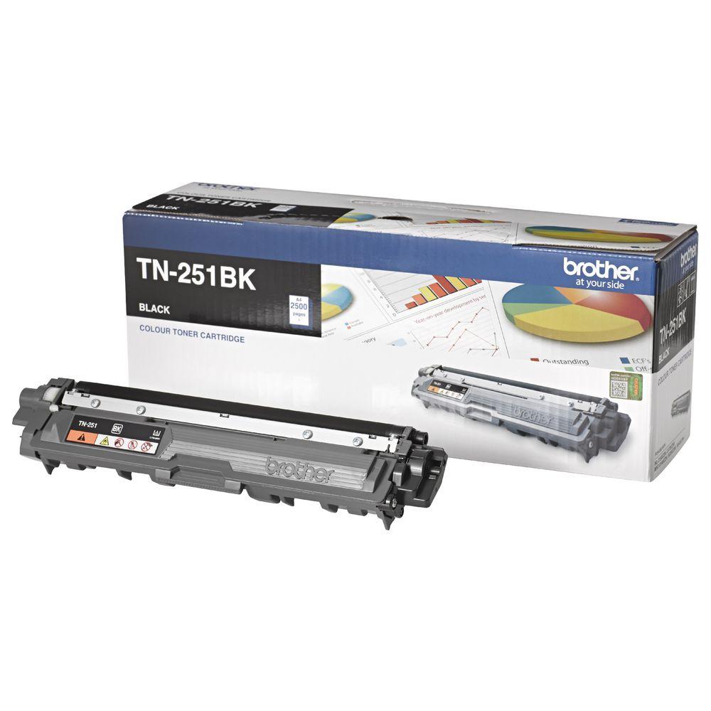 Brother TN-251BK Colour Laser Toner Cartridge in black, showcasing its design and features.