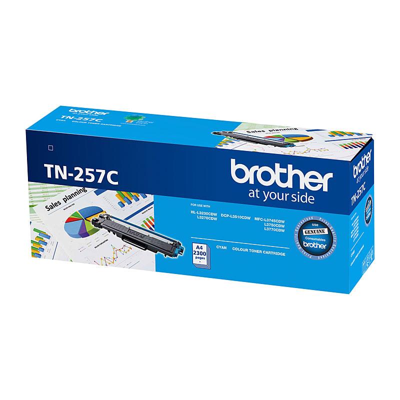 BROTHER TN257 Cyan Toner Cartridge with vibrant cyan color, designed for high-quality printing, yielding 2,300 pages.