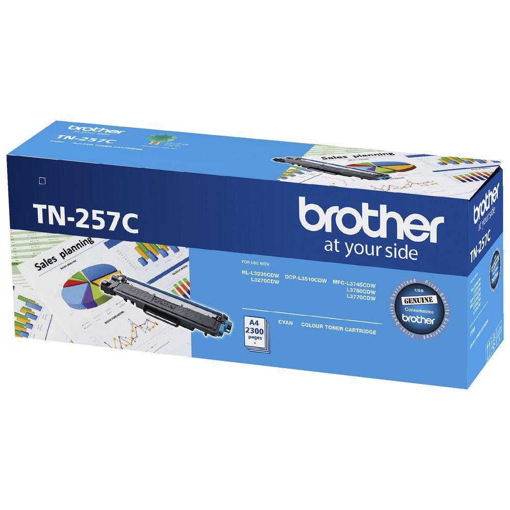 Brother TN-257C Cyan High Yield Toner Cartridge, designed for vibrant and clear printouts, compatible with various Brother printers.