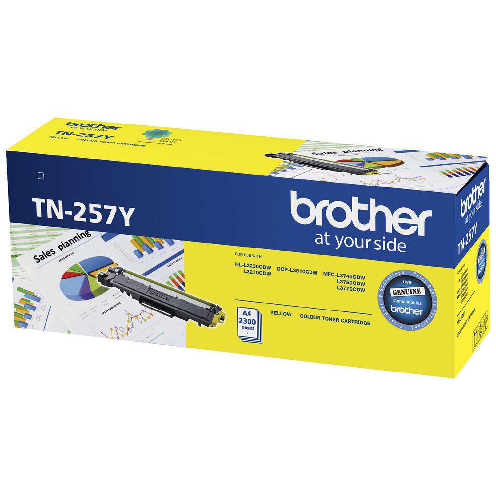 Brother TN-257Y Yellow High Yield Toner Cartridge, designed for vibrant and clear printing, compatible with various Brother printers.