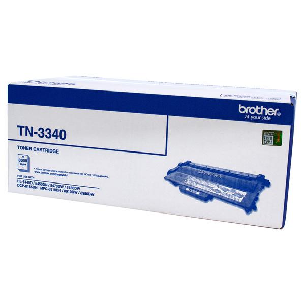 BROTHER TN3340 Toner Cartridge in black packaging, designed for high-quality printing with a yield of 8,000 pages.