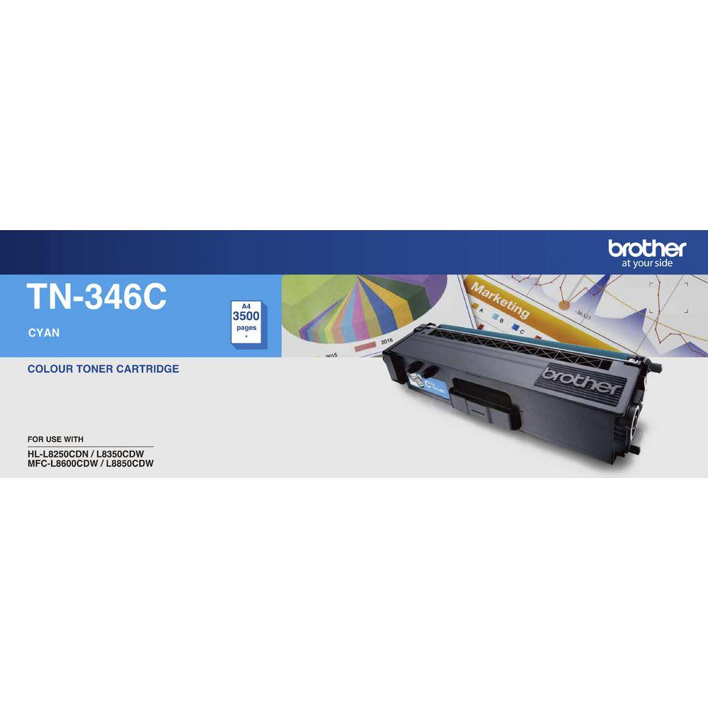 Brother TN-346C Colour Laser Toner cartridge in cyan, designed for high yield printing.