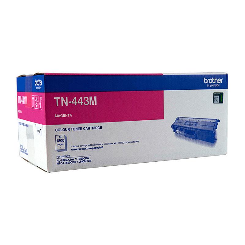 BROTHER TN443 Magenta Toner Cartridge with vibrant magenta color, designed for high-quality printing.