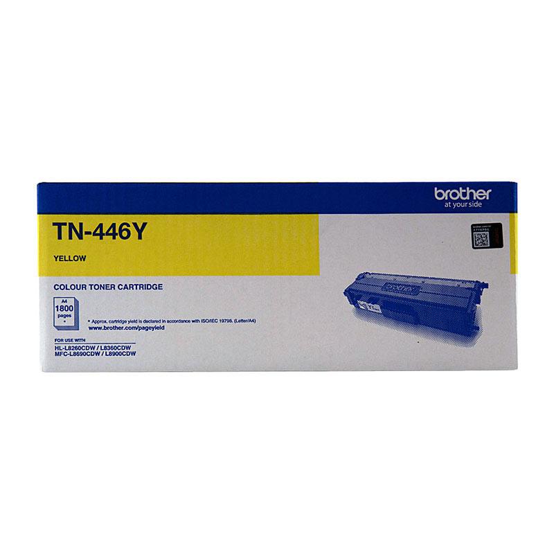 BROTHER TN446 Yellow Toner Cartridge with packaging, showcasing its vibrant yellow color and branding.